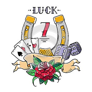 Tattoo horseshoe with playing cards, dice, rose and fatal number 13. Good Luck tattoo. Symbol of luck in gambling