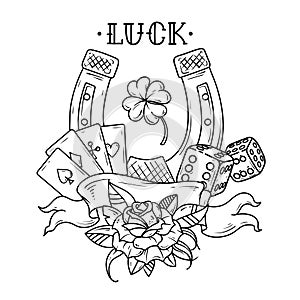 Tattoo horseshoe with playing cards, dice, rose and shamrock clover. Good Luck tattoo. Black and white illustration