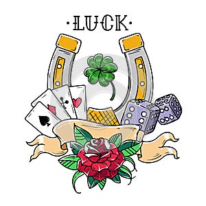 Tattoo horseshoe with playing cards, dice, rose and shamrock clover. Good Luck tattoo. Symbol of luck in gambling