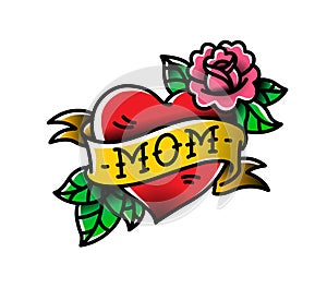 A tattoo with the inscription of Mom. A heart and flower tattoo with a flower. Tattoo in the style of the American old school.