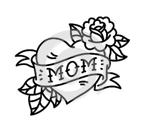 A tattoo with the inscription of Mom. A heart and flower tattoo with a flower. Tattoo in the style of the American old school.