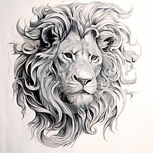 Tattoo Inspired White Lion Portrait: Gray And Art Deco Ink Wall Art