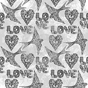 Tattoo lace design seamless pattern. Love and heart hand drawn ink illustration. romantic background. valentine day.