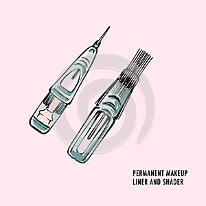 Tattoo needle illustration, shader and liner beauty cosmetologist machine. cosmetic set . pma