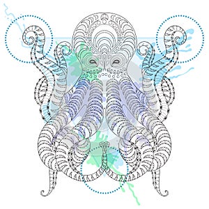 Tattoo Octopus. Zentangle stylized Hand drawn tribal Octopus in