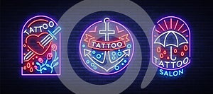 Tattoo parlor set of logos in neon style. Collection of neon signs, emblems, symbols, glowing billboard, neon bright