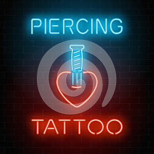 Tattoo and piercing parlor glowing neon signboard with emblem. Knife in heart logo.