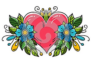 Tattoo pink heart decorated ribbon, blue flowers, leaves, curls. Holiday illustration for Valentines Day. Old school