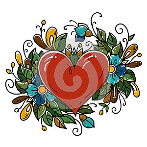 Tattoo red heart decorated ribbon, blue flowers, leaves, curls. Holiday illustration for Valentines Day. Old school