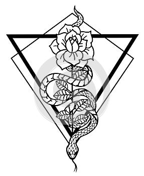 Tattoo with rose and snake with sacred geometry frame.