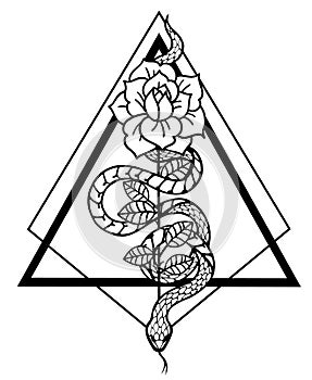 Tattoo with rose and snake with sacred geometry frame.