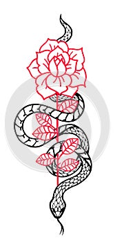 Tattoo with rose and snake. Traditional black style ink.