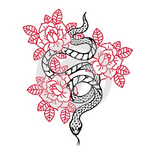 Tattoo with rose and snake. Traditional black style ink.