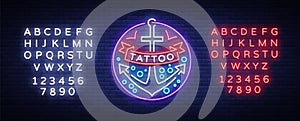 Tattoo salon logo in a neon style. Neon sign, emblem, anchor symbol, luminous billboard, neon advertising on a tattoo