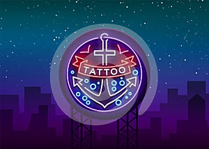 Tattoo salon logo in a neon style. Neon sign, emblem, anchor symbol with a ribbon, luminous billboard, neon advertising