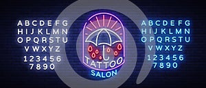 Tattoo salon logo in a neon style. Neon sign, emblem, umbrella symbol, light billboards, neon bright advertising on