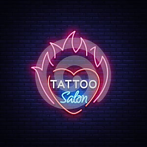 Tattoo salon logo vector. Neon sign, a symbol of heart in the fire, a bright luminous billboard, a night banner, neon