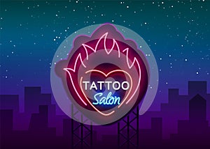 Tattoo salon logo vector. Neon sign, a symbol of heart in the fire, a bright luminous billboard, a night banner, neon