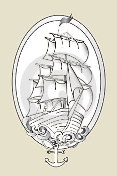 Tattoo ship black and white stencil vector