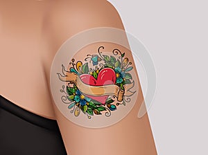 Tattoo on shoulder. Heart with flowers and ribbon. Love tattoo. Realistic illustration for tattoo parlor.