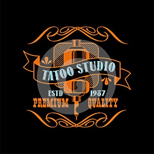 Tattoo studio logo design premium quality estd 1987, retro styled emblem with with professional equipment vector