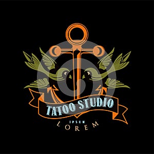 Tattoo studio logo design, retro styled emblem with anchor and birds vector Illustration