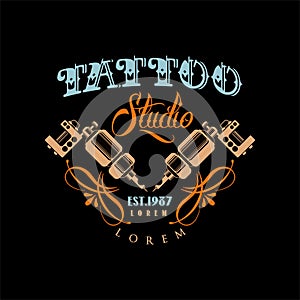 Tattoo studio logo estd 1987, retro styled emblem with with professional equipment vector Illustration