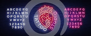 Tattoo studio logo, neon sign, symbol of human heart, bright billboards, night banner, neon bright advertising on