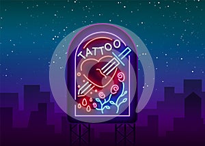 Tattoo studio logo in a neon style. Neon sign, emblem, a symbol of man`s heart is pierced by the sword, bright