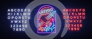 Tattoo studio logo in a neon style. Neon sign, emblem, a symbol of man`s heart is pierced by the sword, neon on a tattoo