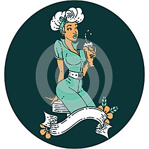 tattoo style icon of a pinup girl drinking a milkshake with banner