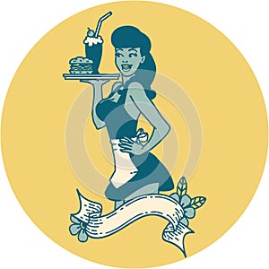 tattoo style icon of a pinup waitress girl with banner photo