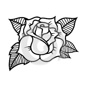 Tattoo style rose illustration on white background. Design elements for logo, label, emblem, sign.
