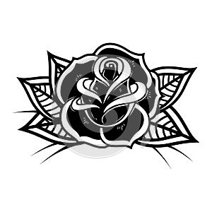 Tattoo style rose illustration on white background. Design elements for logo, label, emblem, sign.