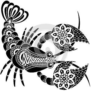 Tattoo style. Silhouette of cancer isolated on white background. Zodiac sign cancer. Abstract background. Crustaceans. photo