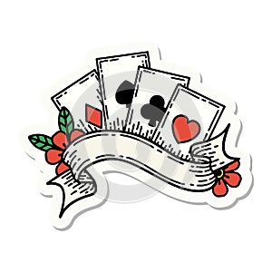 tattoo style sticker of cards and banner