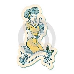 tattoo style sticker of a pinup girl drinking a milkshake with banner
