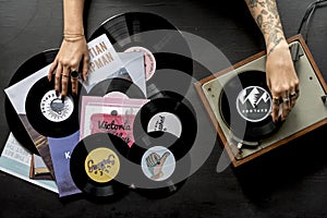 Tattoo Woman with Music Vinyl Record Disc with Player