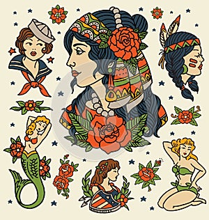 Tattoo Women set. Isolated flash of classic women tattoo vectors.