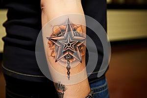 tattoo on wrist featuring a cowboy hat and sheriffs star photo