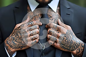 Tattooed hands of a man in a black suit. photo