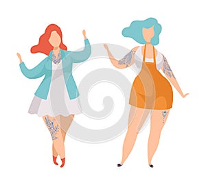 Tattooed or Inked Woman in Standing Pose with Plump Body Vector Set