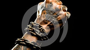 A tattooed man with chains on his hands and wrists, AI photo