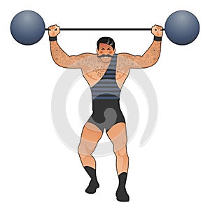 Tattooed and mustachioed strongman dressed in the old way, lifting weights, isolated on white background