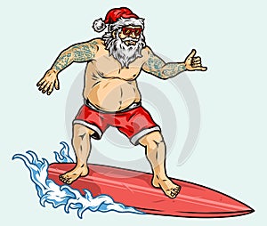 Tattooed Santa Claus in sunglasses surfing wave