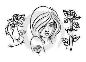 Tattoos. Beauty girl, knife, rose and barbed wire