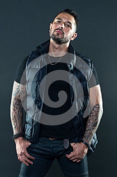 Tattoos great way express masculinity and manliness. Bearded man posing with tattoos. Masculinity and fashion concept