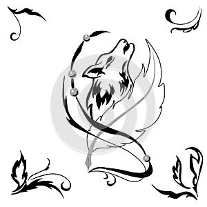Tattoostyle wolf and feather for salons and prints