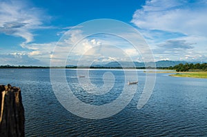 Taung Tha Man lake at U-bein bridge with sampans