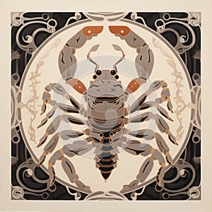 Taupe Scorpion Gouache: Art Deco Wall Art With Surrealistic Motifs